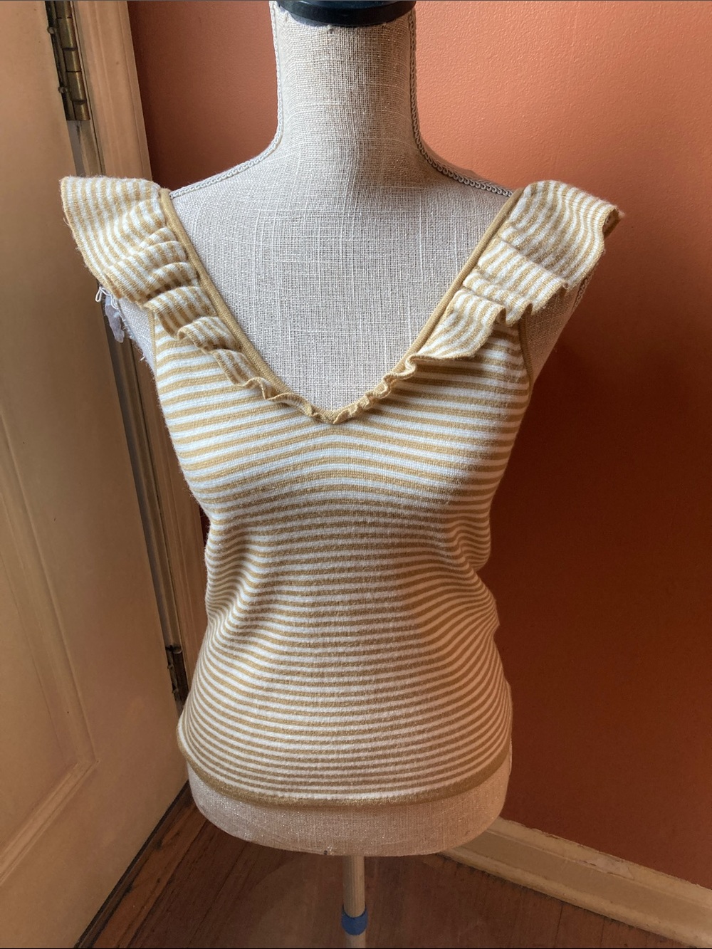 Madewell Striped Ruffle V-Neck Knit Top -  Gold & White